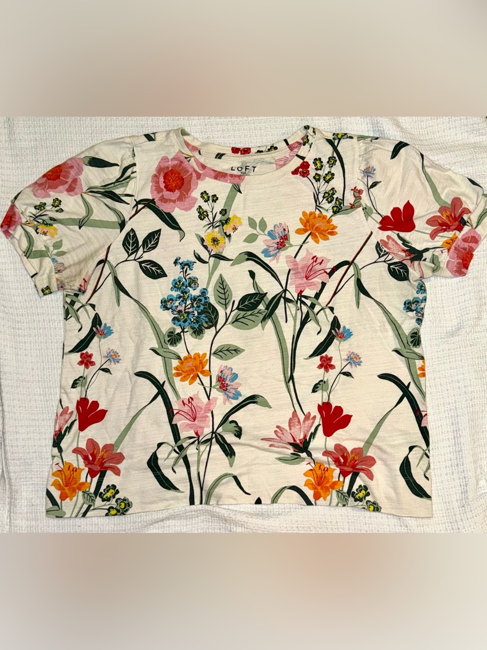 LOFT Floral Short Sleeve Sweater - Cream with Multicolor Blooms